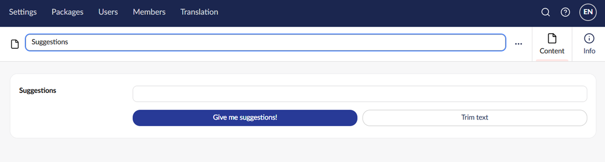 The Suggestions property editor with an input field and two buttons.