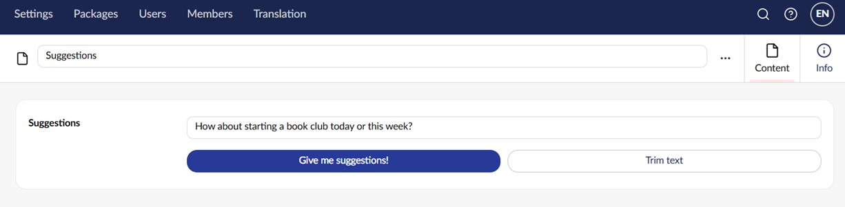 The Suggestions property editor displaying a randomly selected suggestion value.