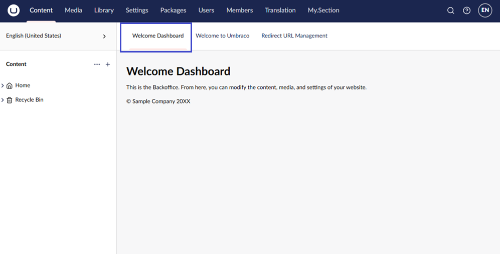 The Welcome Dashboard shown in the Content section