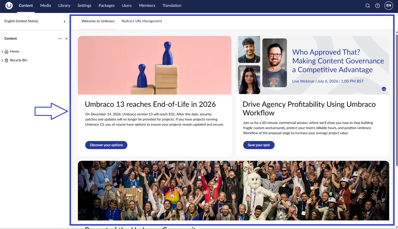 The Getting Started dashboard in Umbraco