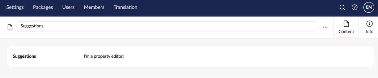 The Suggestions property editor displayed in the Umbraco content editor.